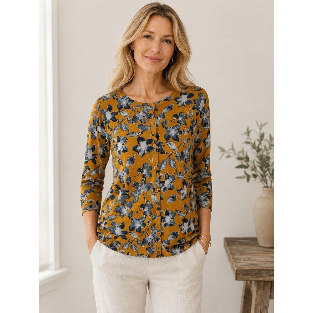 Garnet Hill New Fine Gauge Merino Wool Cardigan Sweater Gold Floral Size L‎